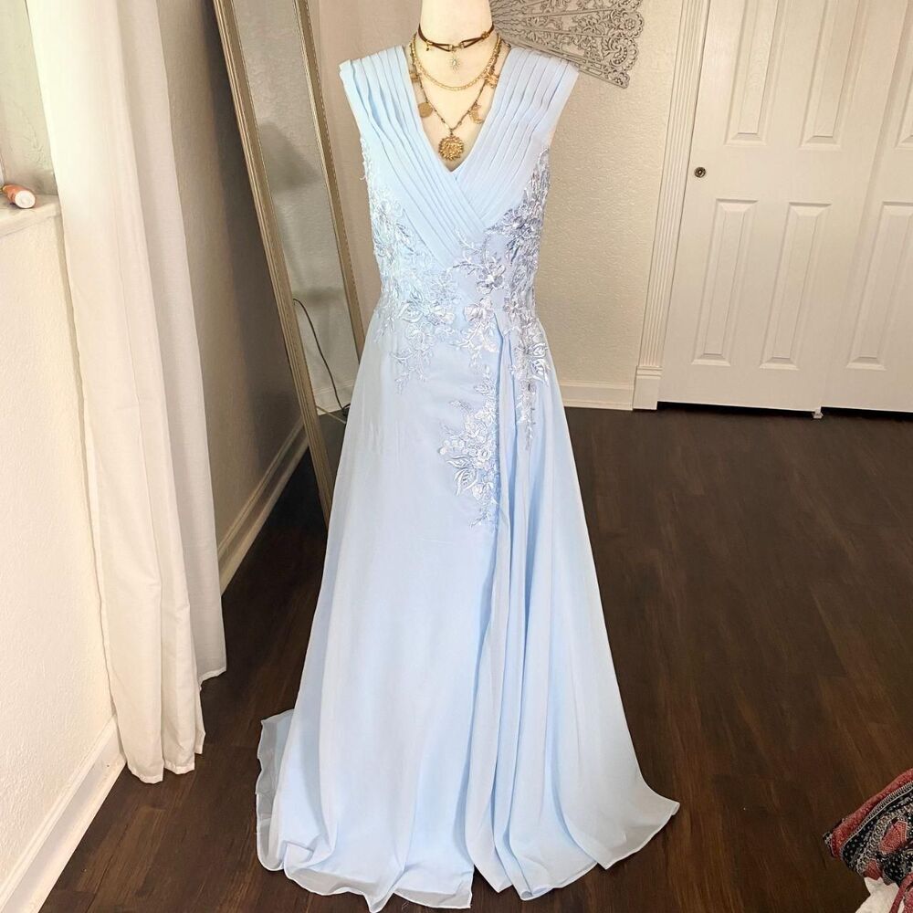 Ethereal Beaded Lace Flowy Light Baby Blue Chiffon Prom Formal Dress S / 4
